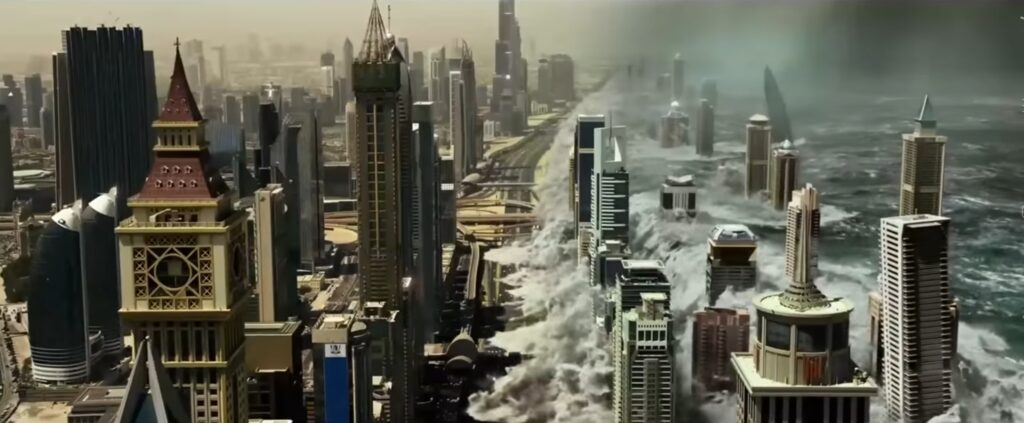 Destruction of building, city by tsunami wave , geostorm