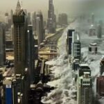 Destruction of building, city by tsunami wave , geostorm