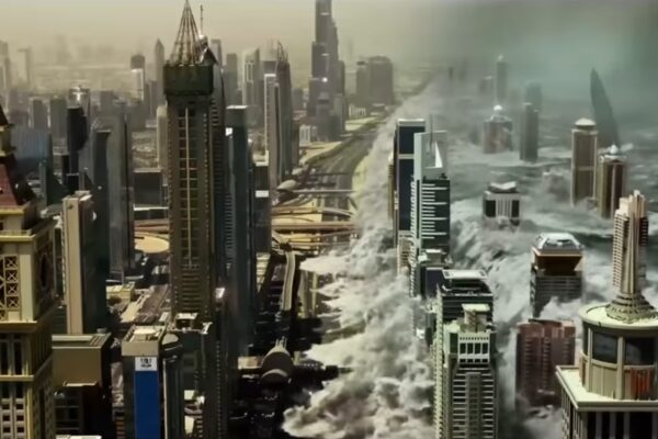 Destruction of building, city by tsunami wave , geostorm